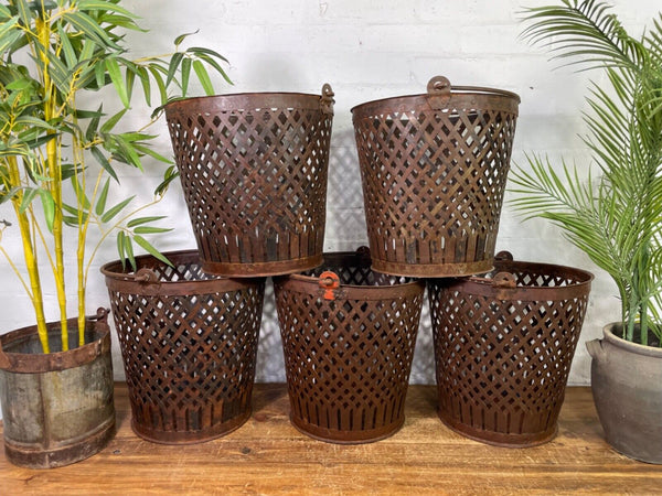 Rustic Reclaimed Metal Lattice Bucket Log Kindling Basket Waste Paper Bin