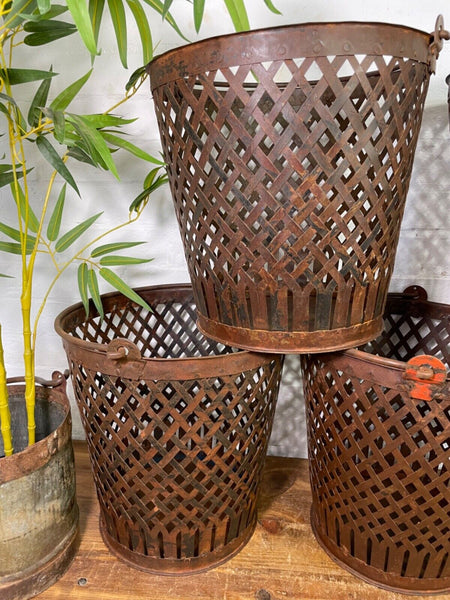 Rustic Reclaimed Metal Lattice Bucket Log Kindling Basket Waste Paper Bin