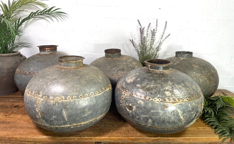Vintage Rustic Original Indian Riveted Metal Water Vessel Pot Centrepiece Vase
