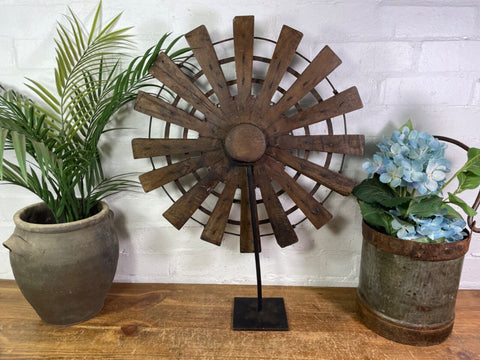 Vintage Rustic Antique Indian Silk Spinning Charkha Wheel Sculpture on Stand