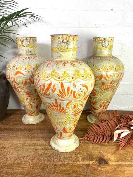 Vintage Indian Hand Painted Metal Urn Dry Flower Vase