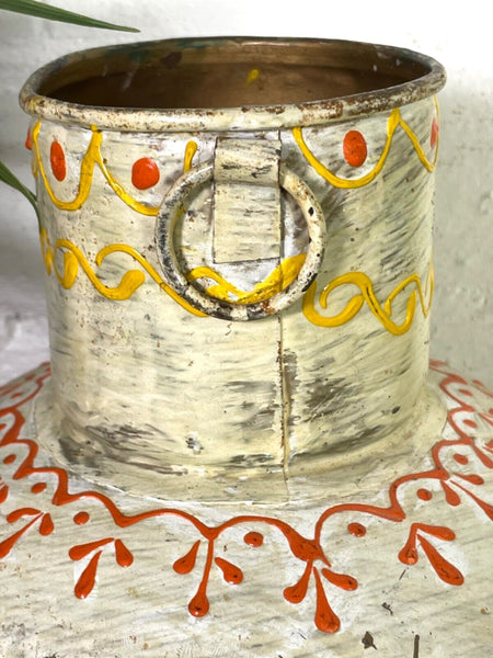 Vintage Indian Hand Painted Metal Urn Dry Flower Vase