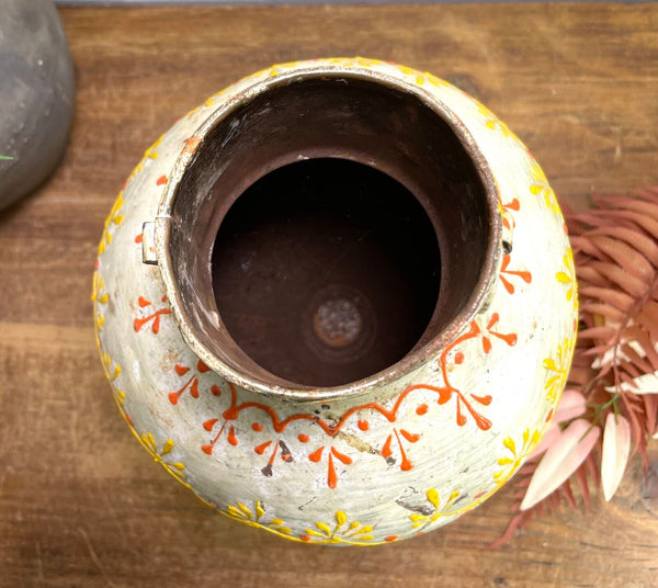 Vintage Indian Hand Painted Metal Urn Dry Flower Vase