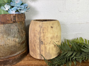 Vintage Rustic Indian Wabi Sabi Hand Carved Wooden Grain Measure Storage Pot
