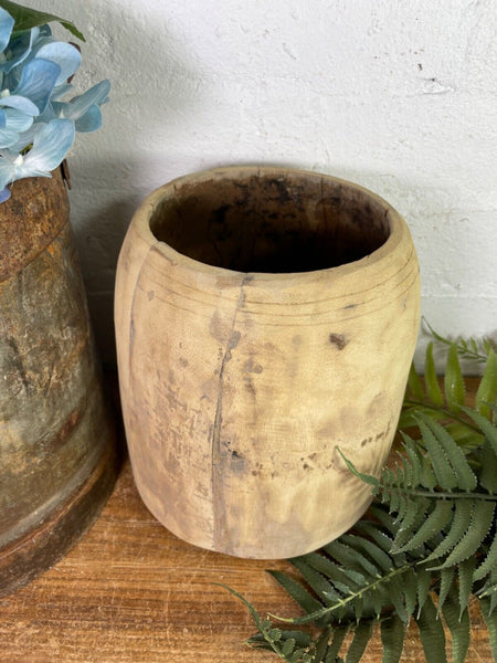 Vintage Rustic Indian Wabi Sabi Hand Carved Wooden Grain Measure Storage Pot