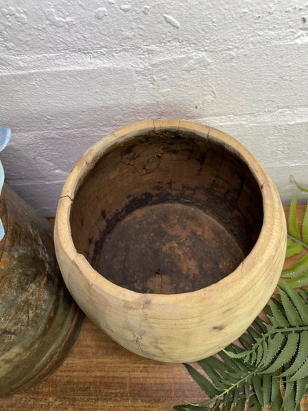 Vintage Rustic Indian Wabi Sabi Hand Carved Wooden Grain Measure Storage Pot