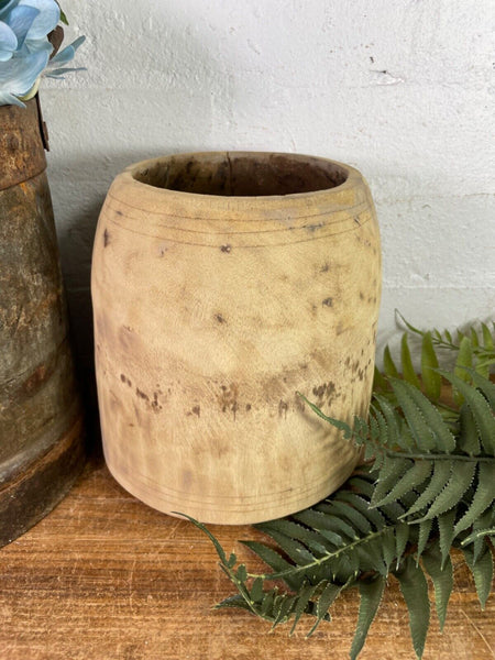 Vintage Rustic Indian Wabi Sabi Hand Carved Wooden Grain Measure Storage Pot