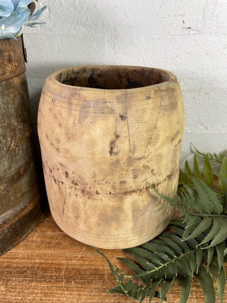 Vintage Rustic Indian Wabi Sabi Hand Carved Wooden Grain Measure Storage Pot