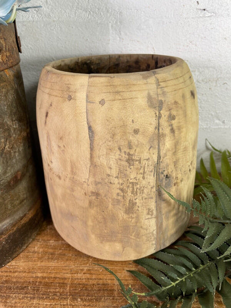 Vintage Rustic Indian Wabi Sabi Hand Carved Wooden Grain Measure Storage Pot