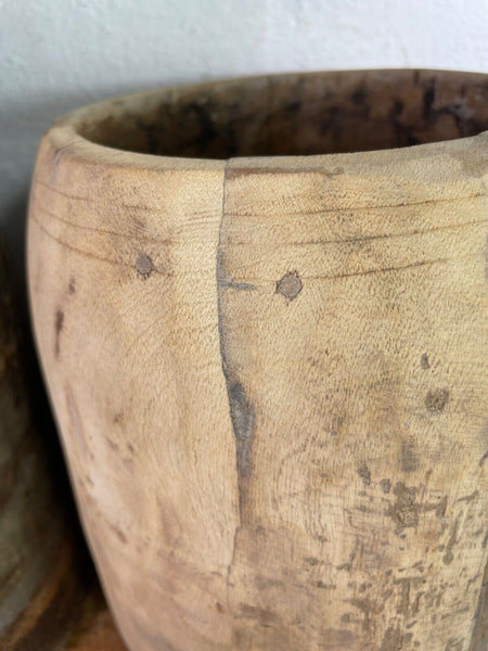 Vintage Rustic Indian Wabi Sabi Hand Carved Wooden Grain Measure Storage Pot