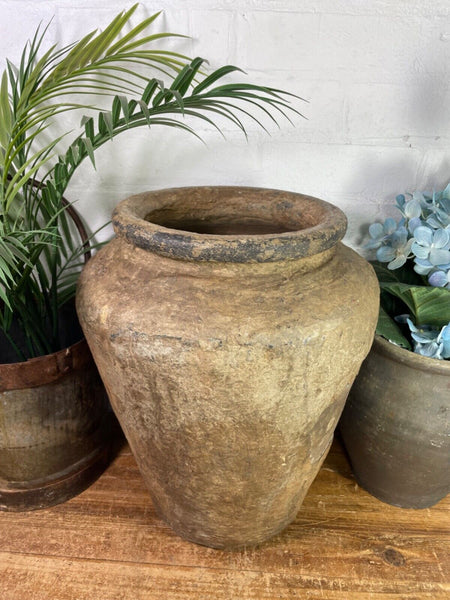 Vintage Rustic Antique Indian Clay Grain Storage Olive Jar Java Pot Urn
