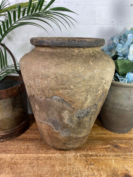 Vintage Rustic Antique Indian Clay Grain Storage Olive Jar Java Pot Urn