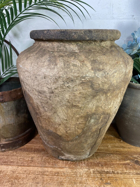 Vintage Rustic Antique Indian Clay Grain Storage Olive Jar Java Pot Urn