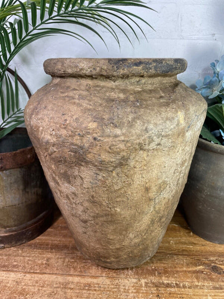 Vintage Rustic Antique Indian Clay Grain Storage Olive Jar Java Pot Urn