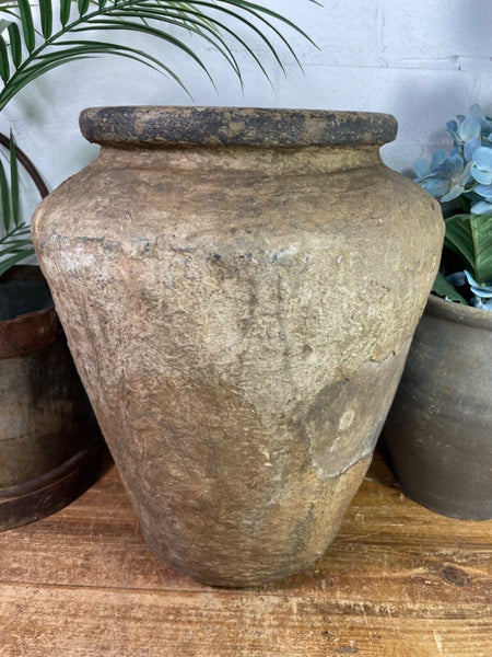 Vintage Rustic Antique Indian Clay Grain Storage Olive Jar Java Pot Urn