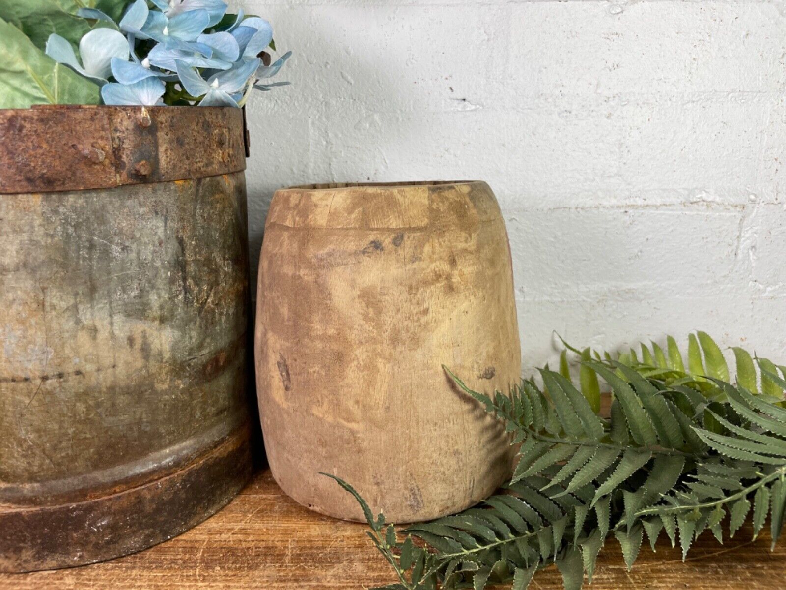 Vintage Rustic Indian Wabi Sabi Hand Carved Wooden Grain Measure Storage Pot
