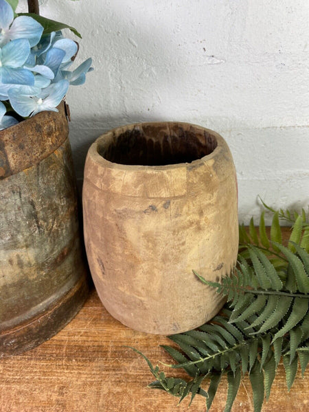Vintage Rustic Indian Wabi Sabi Hand Carved Wooden Grain Measure Storage Pot