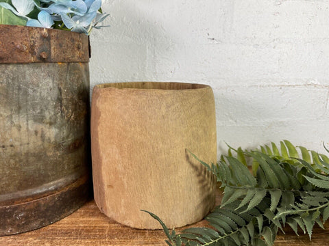 Vintage Rustic Indian Wabi Sabi Hand Carved Wooden Grain Measure Storage Pot