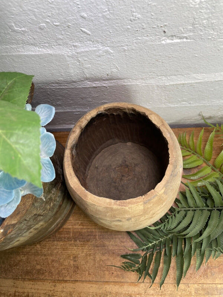 Vintage Rustic Indian Wabi Sabi Hand Carved Wooden Grain Measure Storage Pot