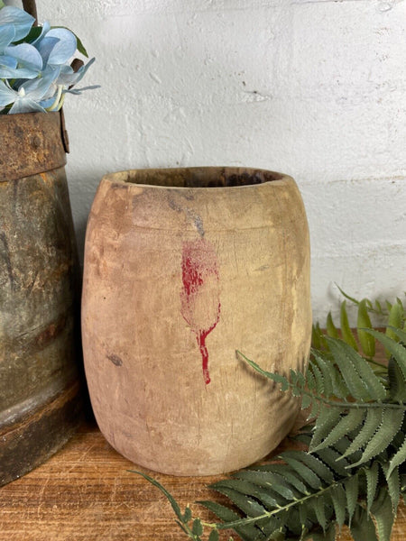 Vintage Rustic Indian Wabi Sabi Hand Carved Wooden Grain Measure Storage Pot