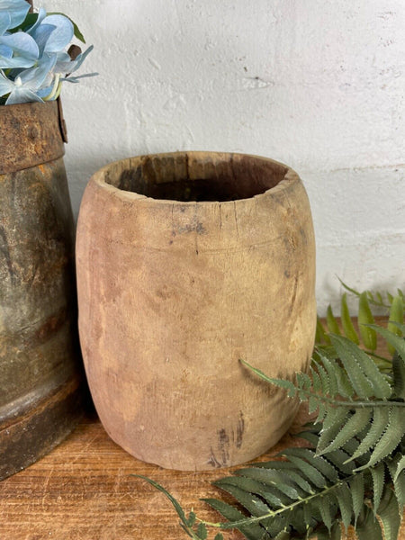 Vintage Rustic Indian Wabi Sabi Hand Carved Wooden Grain Measure Storage Pot