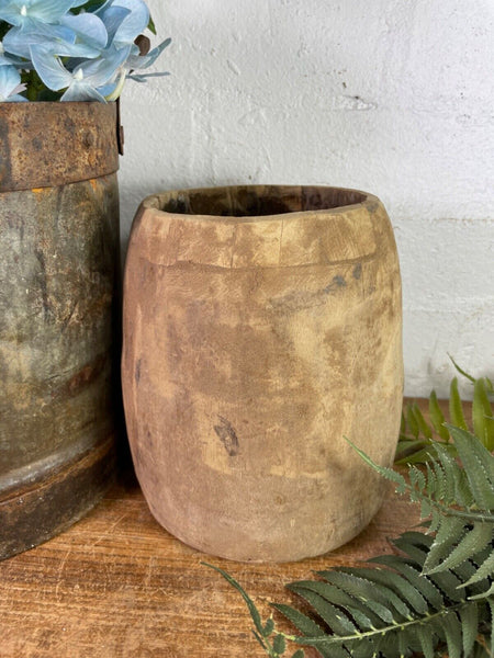Vintage Rustic Indian Wabi Sabi Hand Carved Wooden Grain Measure Storage Pot