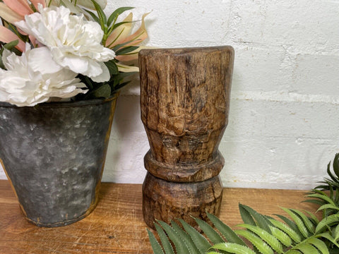 Vintage Antique Rustic Wabi Sabi Hand Carved Wooden Mortar Bowl Candle Holder