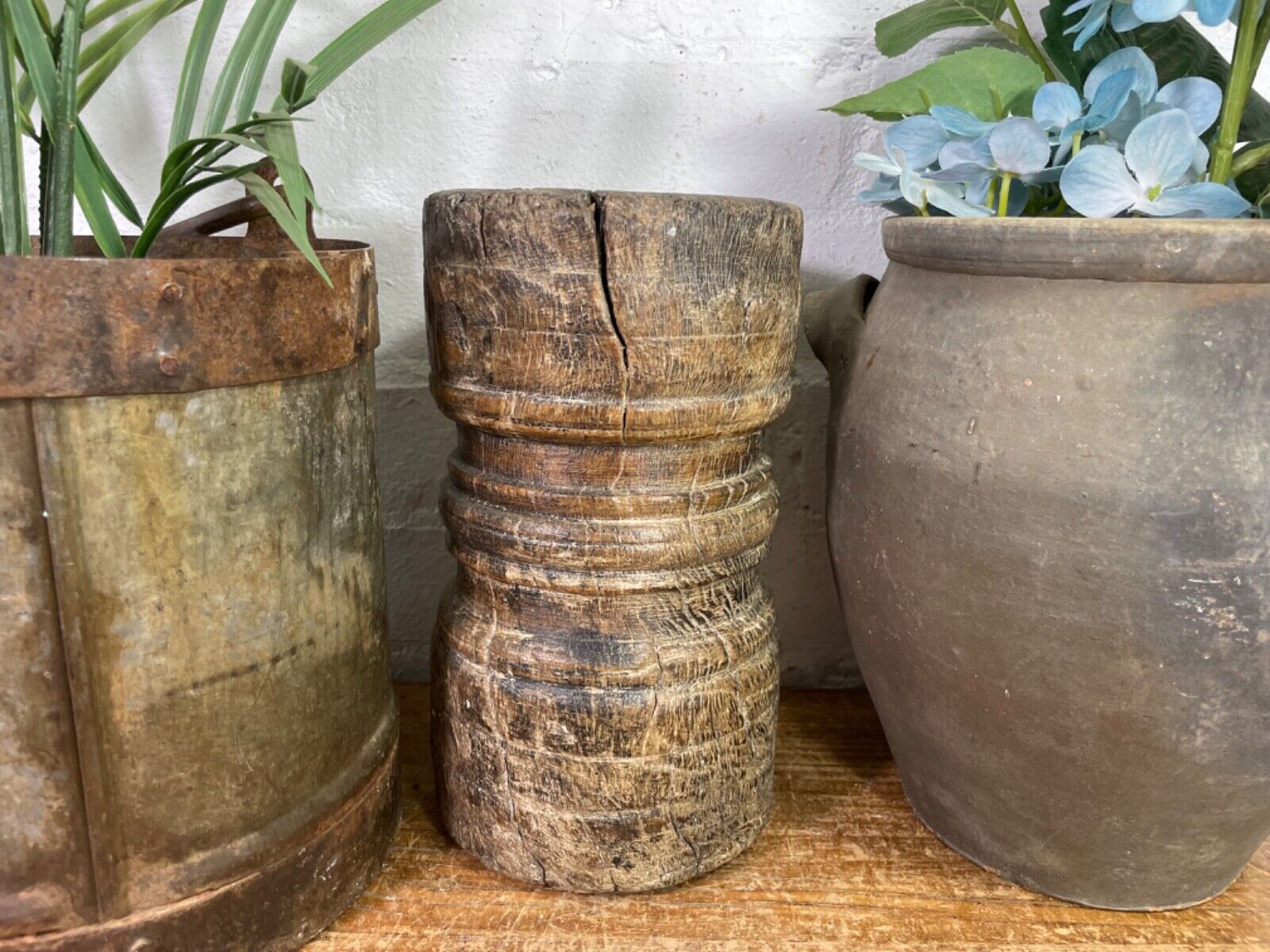 Vintage Antique Rustic Wabi Sabi Hand Carved Wooden Mortar Bowl Candle Holder