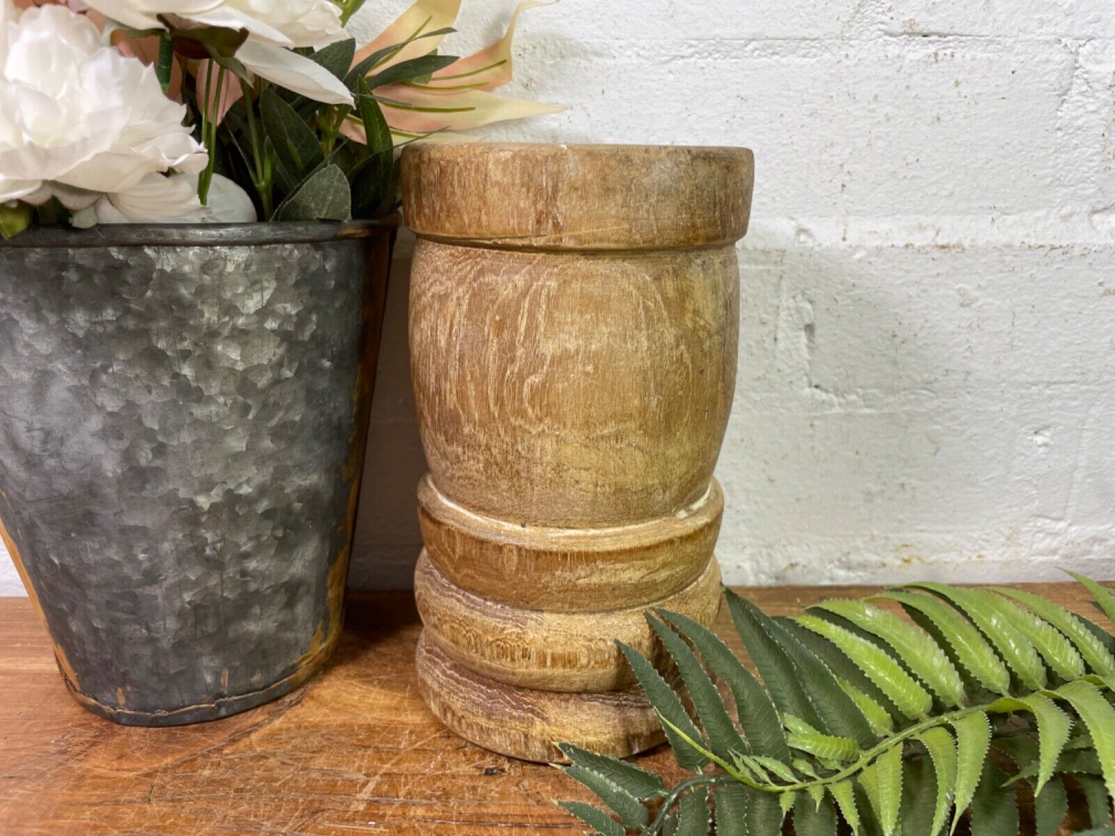 Vintage Antique Rustic Wabi Sabi Hand Carved Wooden Mortar Bowl Candle Holder