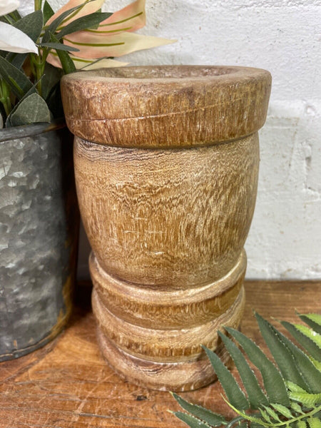 Vintage Antique Rustic Wabi Sabi Hand Carved Wooden Mortar Bowl Candle Holder