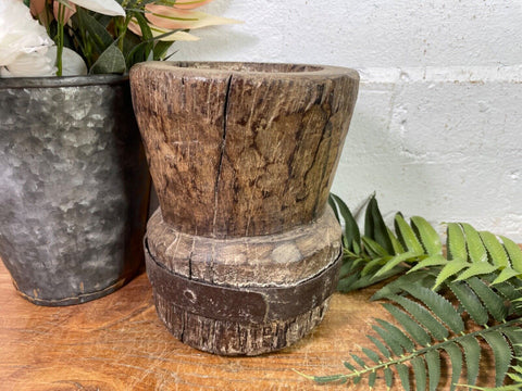 Vintage Antique Rustic Wabi Sabi Hand Carved Wooden Mortar Bowl Candle Holder