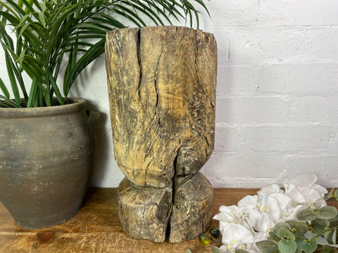 Vintage Antique Rustic Wabi Sabi Hand Carved Wooden Mortar Bowl Candle Holder