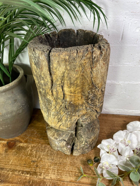 Vintage Antique Rustic Wabi Sabi Hand Carved Wooden Mortar Bowl Candle Holder