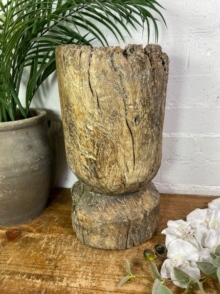 Vintage Antique Rustic Wabi Sabi Hand Carved Wooden Mortar Bowl Candle Holder