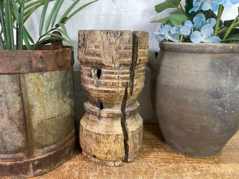 Vintage Antique Rustic Wabi Sabi Hand Carved Wooden Mortar Bowl Candle Holder