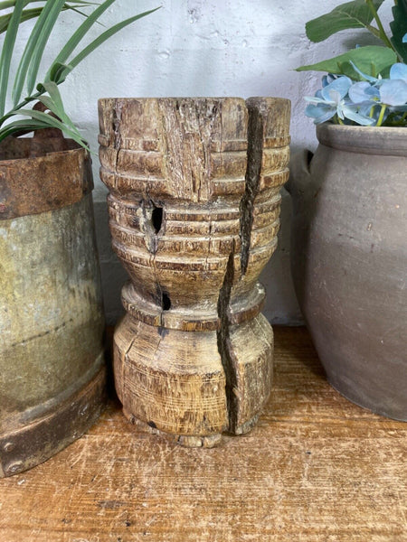 Vintage Antique Rustic Wabi Sabi Hand Carved Wooden Mortar Bowl Candle Holder