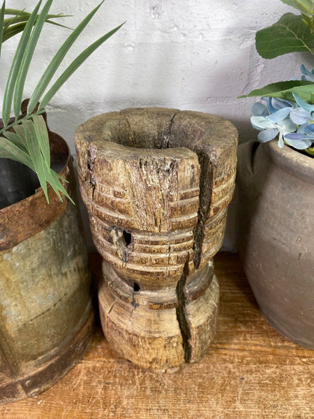 Vintage Antique Rustic Wabi Sabi Hand Carved Wooden Mortar Bowl Candle Holder