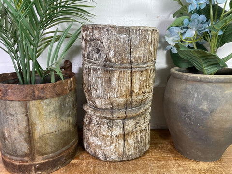 Vintage Antique Rustic Wabi Sabi Hand Carved Wooden Mortar Bowl Candle Holder
