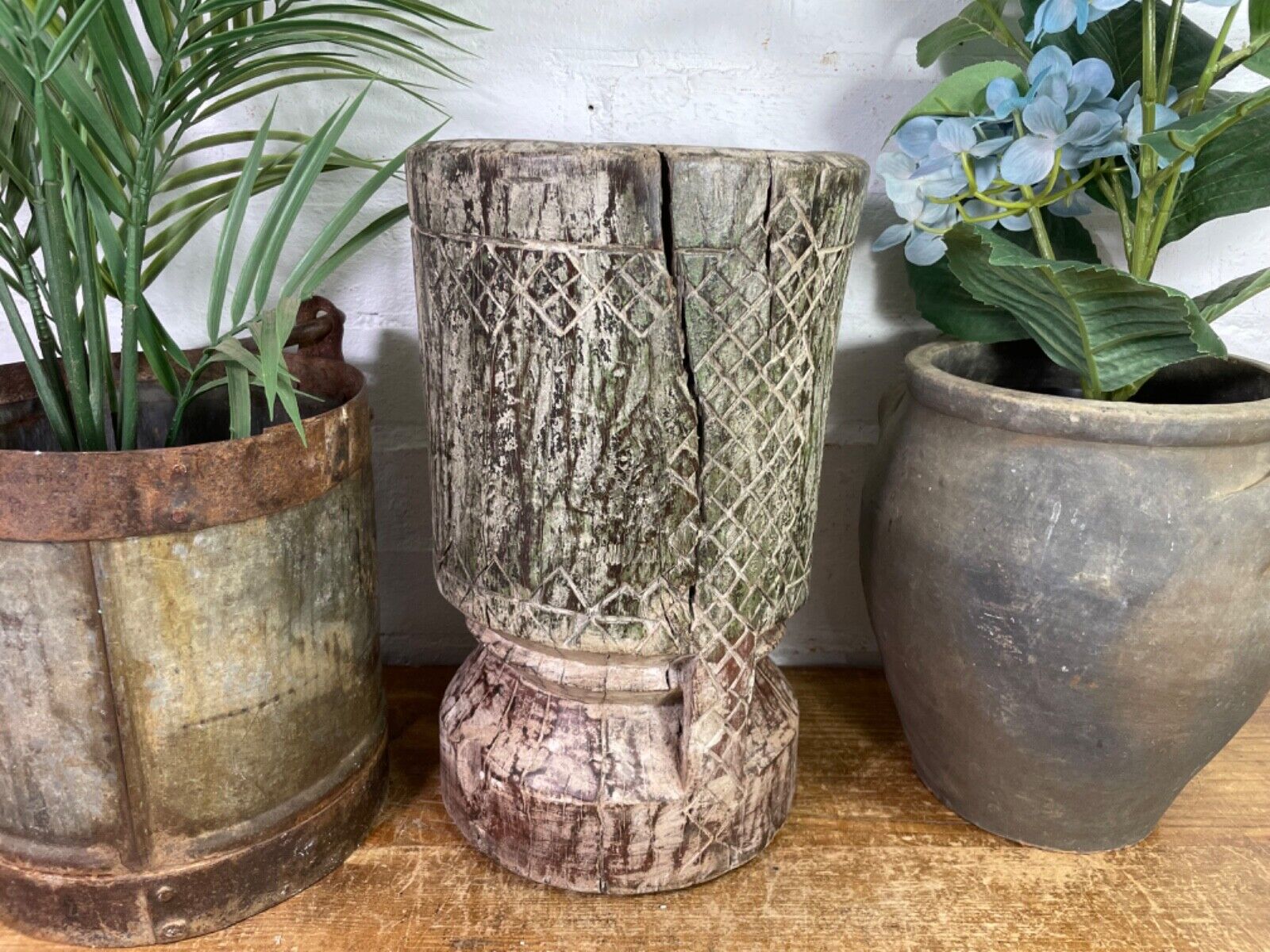 Vintage Antique Rustic Wabi Sabi Hand Carved Wooden Mortar Bowl Candle Holder