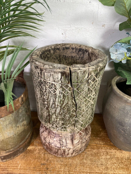Vintage Antique Rustic Wabi Sabi Hand Carved Wooden Mortar Bowl Candle Holder