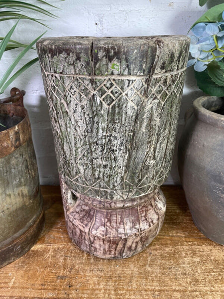 Vintage Antique Rustic Wabi Sabi Hand Carved Wooden Mortar Bowl Candle Holder