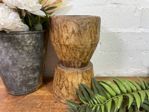 Vintage Antique Rustic Wabi Sabi Hand Carved Wooden Mortar Bowl Candle Holder