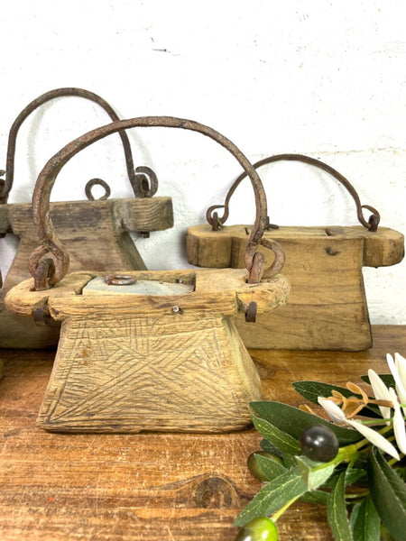 Vintage Indian Rustic Wabi Sabi Hand Carved Teak Wooden Oil Lantern Container