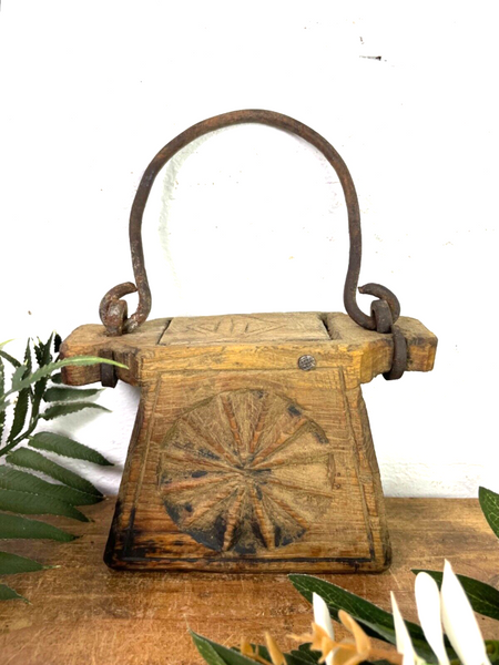 Vintage Indian Rustic Wabi Sabi Hand Carved Teak Wooden Oil Lantern Container