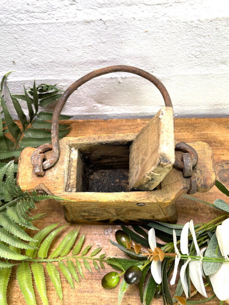 Vintage Indian Rustic Wabi Sabi Hand Carved Teak Wooden Oil Lantern Container