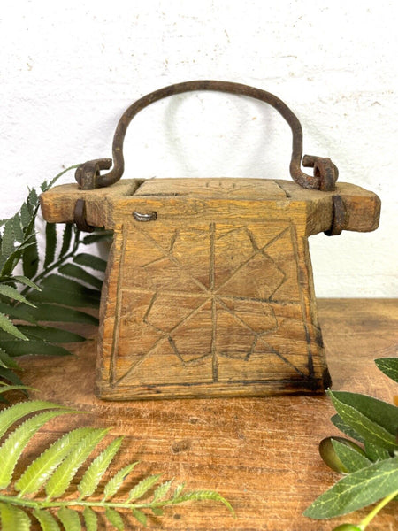 Vintage Indian Rustic Wabi Sabi Hand Carved Teak Wooden Oil Lantern Container