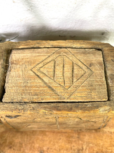 Vintage Indian Rustic Wabi Sabi Hand Carved Teak Wooden Oil Lantern Container