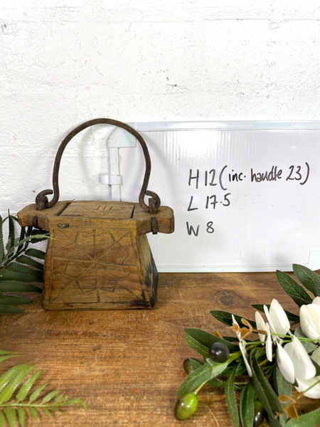 Vintage Indian Rustic Wabi Sabi Hand Carved Teak Wooden Oil Lantern Container