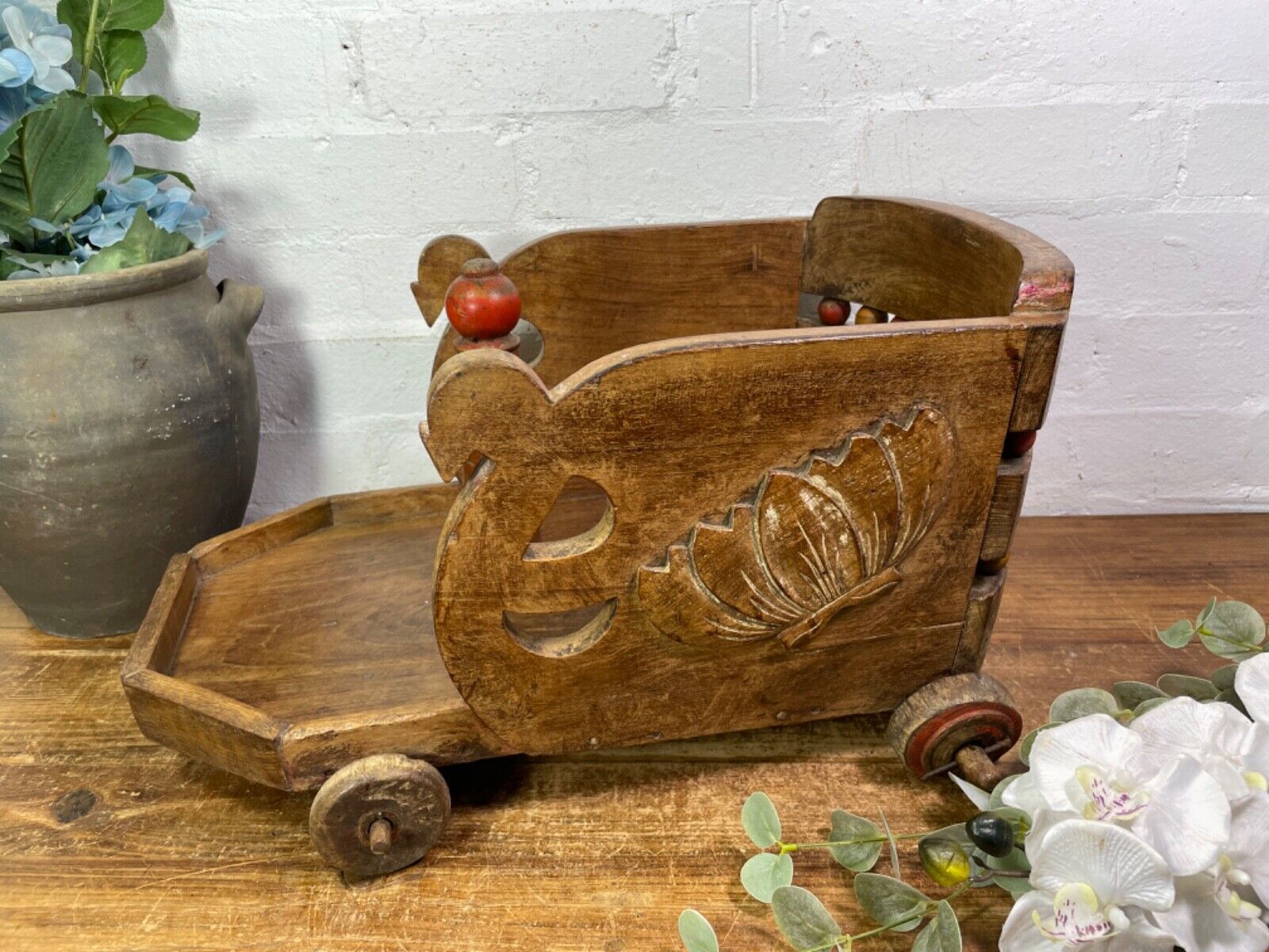 Rare Vintage Antique Colonial Indian Hardwood Childrens Toy Pull Along Cart