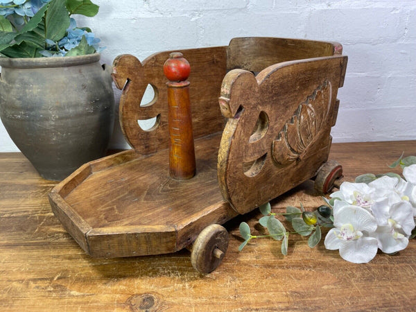 Rare Vintage Antique Colonial Indian Hardwood Childrens Toy Pull Along Cart
